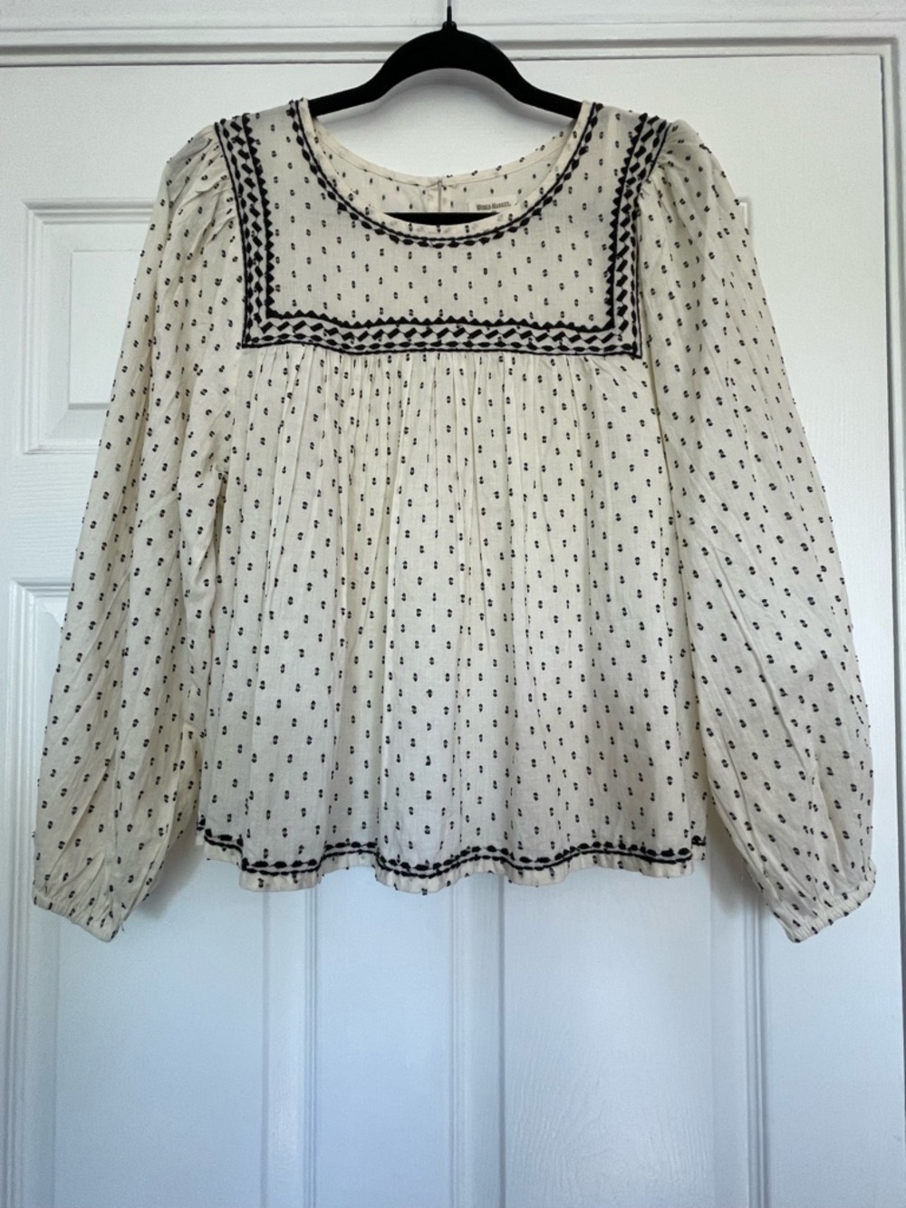 Cost Plus World Market Cream Blouse with Black Embroidery